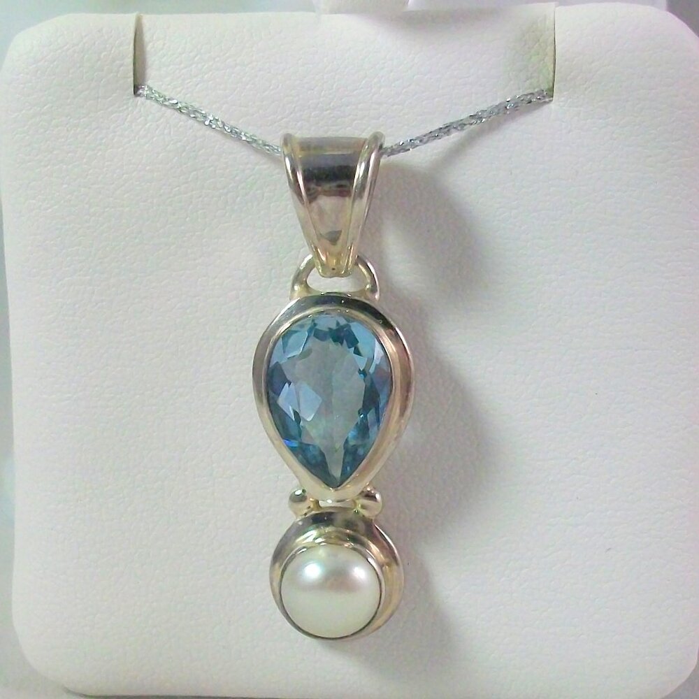 925 Silver Teardrop Blue Topaz Round White Pearl PENDANT ONLY 1.75"